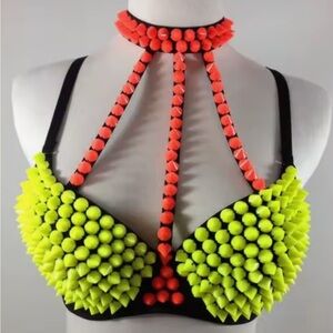 Size 40/90 XL Vibrant Neon Yellow Orange Studded Choker Halter Rave Bra